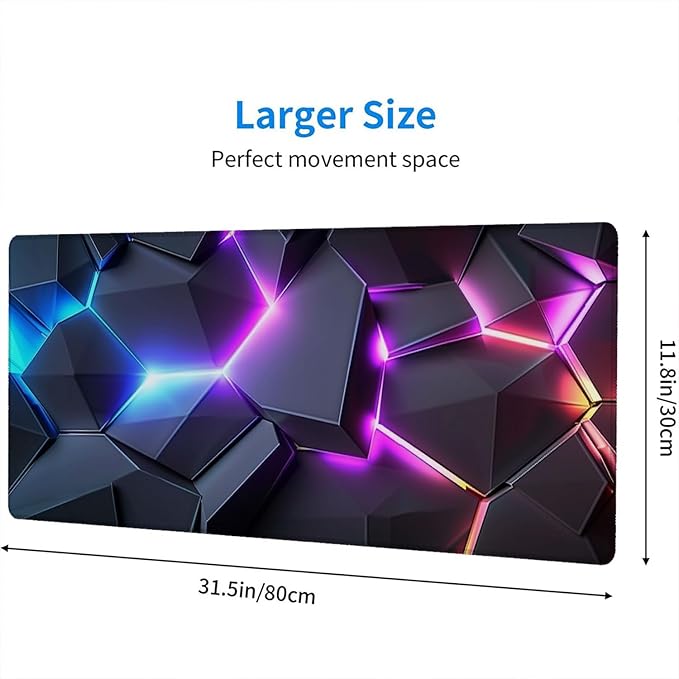 Neon 3D Geometry Desk Pad Mouse Pad Colorful Crack Cool Extended Gaming Mouse Pad Mat with Stitched Edge Non-Slip Base Big Mouse Pad Office Computer Keyboard Laptop Home 31.5"x11.8"