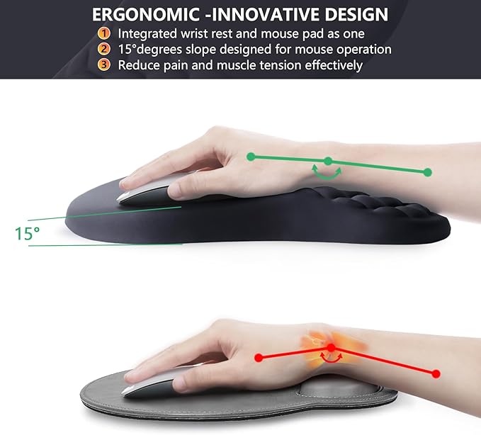 Mouse Pad Wrist Support, Ergonomic Mouse Pad with Wrist Rest, Comfortable Computer Mouse Pad for Laptop, Pain Relief Mousepad with Non-Slip PU Base Black