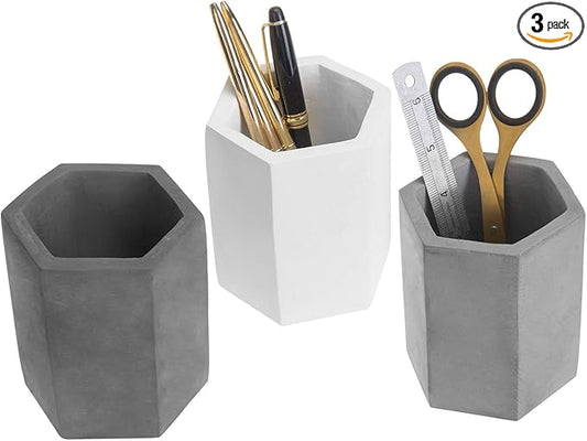 MyGift Set of 3 Cement Decorative Hexagon Multi-Colored Desktop Pen Holder and Pencil Office Supply Stationary Storage Cups (White, Gray, Black)