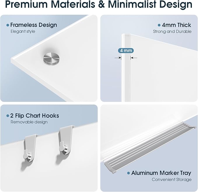 MaxGear Glass White Board 36x24 Inches Brilliance White Magnetic Dry Erase Board Wall Mounted Whiteboard, Large Frameless Whiteboard with 1 Eraser,3 Markers and 6 Magnets for Office, School, Home