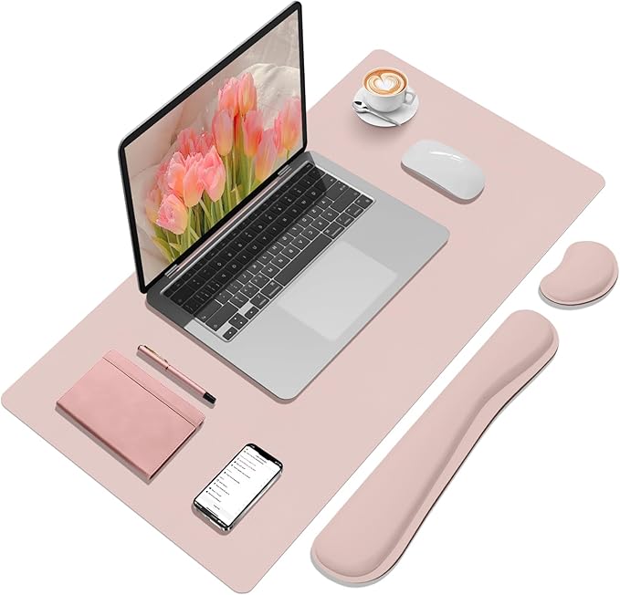 Mouse Pad and Keyboard Wrist Rest, Large Keyboard and Mouse Pad Set, Ergonomic Mousepad with Wrist Rest, Non-Slip Desk Mat Protector for Office, Home (31.5×15.7 Inches, Pink)
