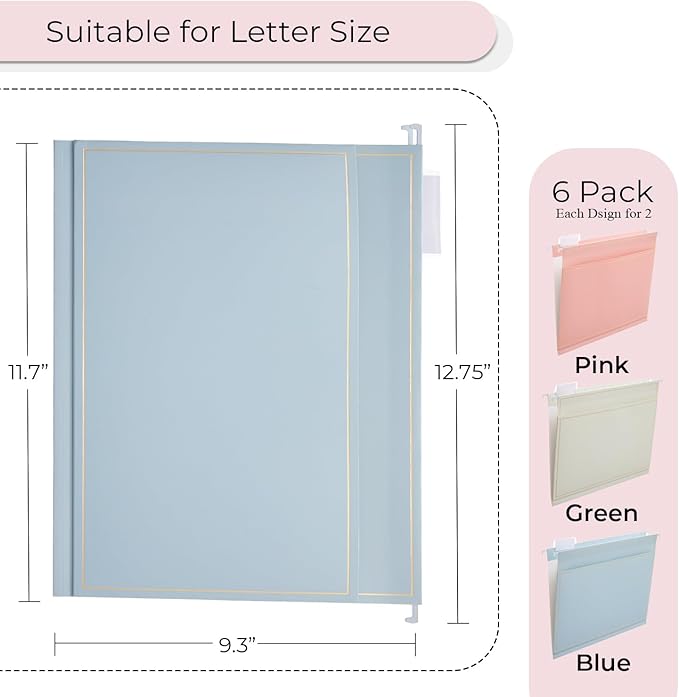 Y YOMA 6 Pack Rose Gold Hanging File Folders with Pocket Letter Size Decorative File Folder Cute Pretty Hanging Folder for Office Home School with 1/5-Cut Adjustable Tabs, Outer Storage Pockets