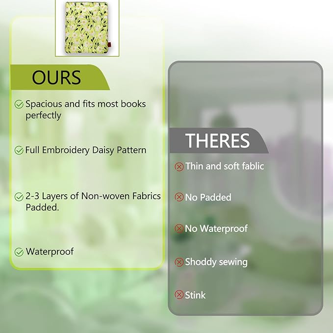 LParkin Daisy Flower Embroidery Book Sleeve with Zipper for Readers Protector Cover Gift for Book Lovers, 11x 8.5 Inch Washable Fabric, Daisy White(White)