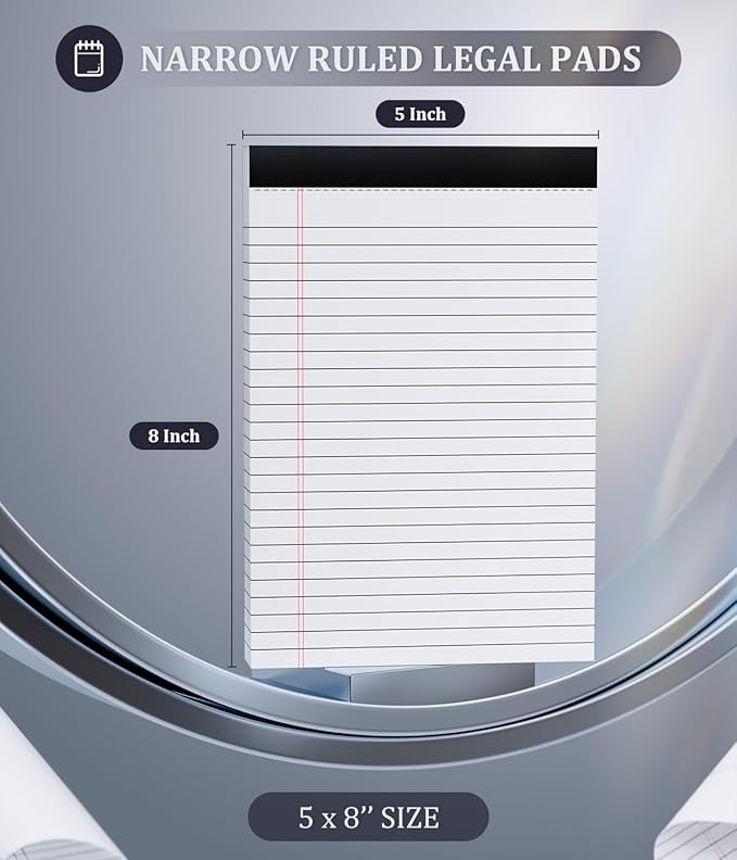 Legal Pads 5x8 Small Note Pads 5x8 Notepads for Work, 6 Pack Writing Pads 5x8 College Ruled Lined Paper Pads, Micro Perforated Decent 80 GSM 5x8 in Legal Note Pad Narrow Ruled, 30 Sheet per Notepad