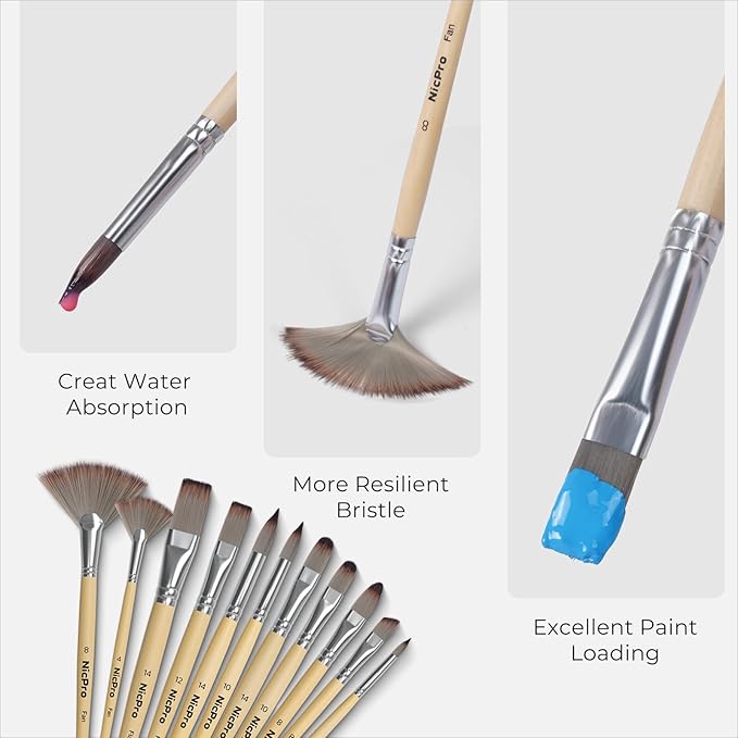 Nicpro 32pcs Paint Brush Set, Professional Paintbrushes with Paint Spatula and Cloth Roll, Craft Paint Brushes for Acrylic Painting, Oil, Watercolor, Gouache, Art Supplies for Artists Beginners
