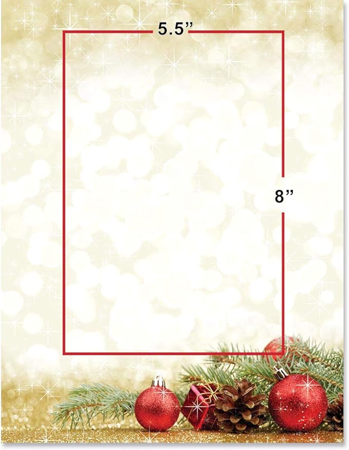 PaperDirect Golden Sparkle Holiday Enchantment Border Paper, Lighted Gold Background with Pine Boughs and Ornaments, 8.5 x 11, Acid-Free, Ideal for Holiday Invitations, Cards, 100 Sheets