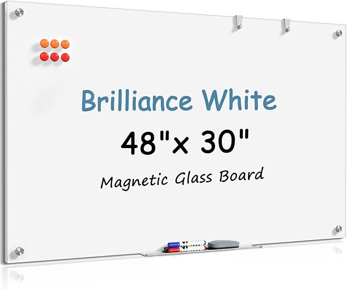 MaxGear Glass White Boards 48x30 Inches, Briliance White Wall Mounted Magnetic Glass Dry Erase Board, Large Frameless Whiteboard with 1 Eraser,3 Markers and 6 Magnets for Office, School, Home