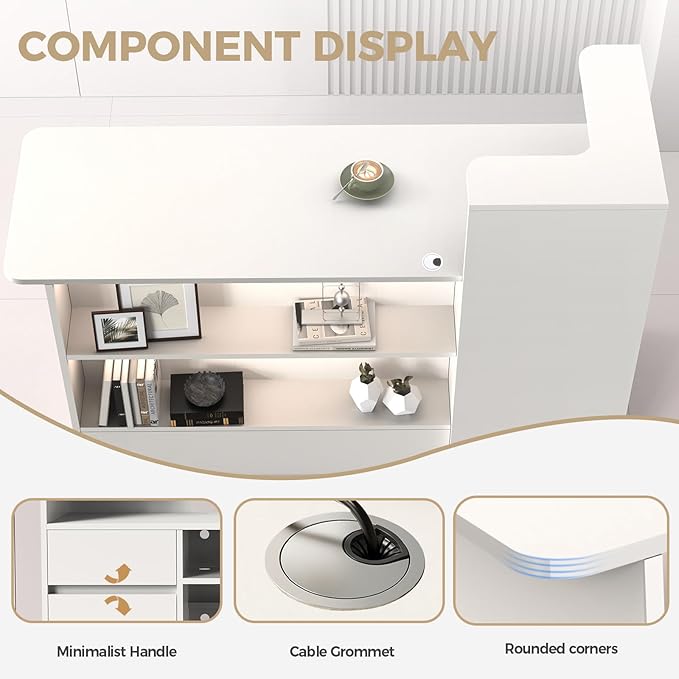 Modern Reception Desk with LED Lights - 59" Front Desk Reception Counter with Dual Display Shelves & Hidden Cable Management, Lockable Drawer & Storage Cabinet for Office, Salon, Spa, Retail, Left