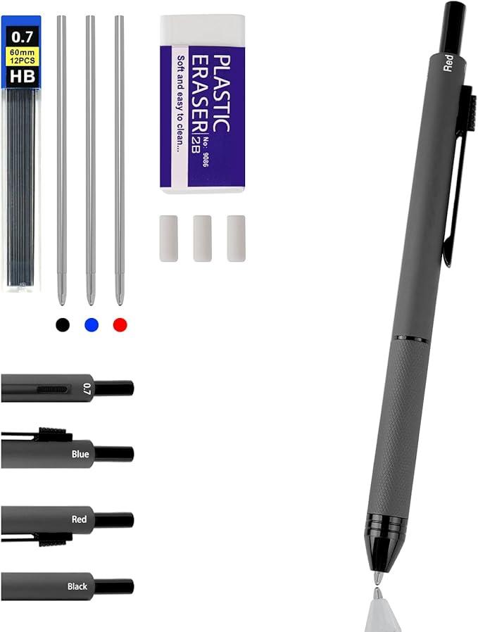 4-in-1 Four-Color Multifunctional Pen, Black/Red/Blue Ballpoint Pen and 0.7mm Mechanical Pencil, Metal Case Pen, Great Gift for Friends, Loved Ones (Gray)
