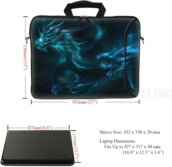 Meffort Inc 17 Inch Neoprene Laptop Bag with Extra Side Pocket, Soft Carrying Handle & Removable Shoulder Strap Fit 16" to 17.3" Size - Blue Dragon