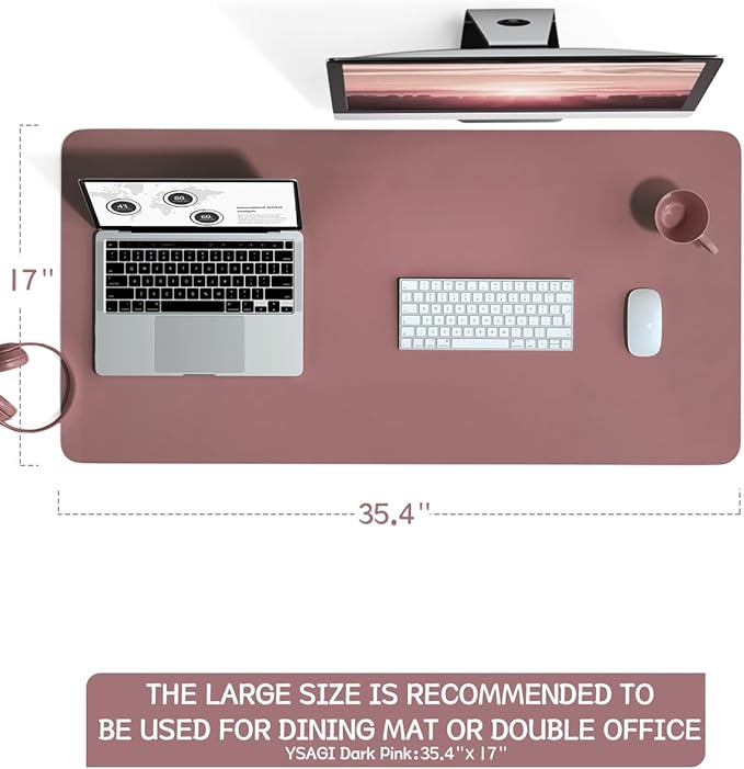YSAGi Non-Slip Leather Desk Pad L Size, Waterproof Laptop Computer Desk Keyboard Mat, Table Protector Blotter Mat, Large Mouse Pad for Office/Work/Home/Decor(Dark Pink, 35.4" x 17")