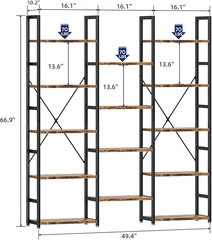 NUMENN Triple Column 5 Tier Bookshelf, Bookcase with 14 Open Display Shelves, Adjustable Rustic Industrial Style Book Shelves, Modern Bookshelves for Bedroom, Living Room and Home Office, Vintage