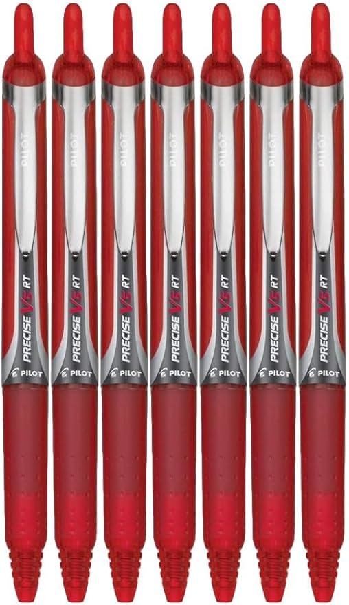 Precise V5 RT Retractable Rolling Ball Pens, Extra Fine Point (.5mm), Red Ink, 7-pk; Premium Comfort Grip, Bundle with Plastic Reusable Pouch