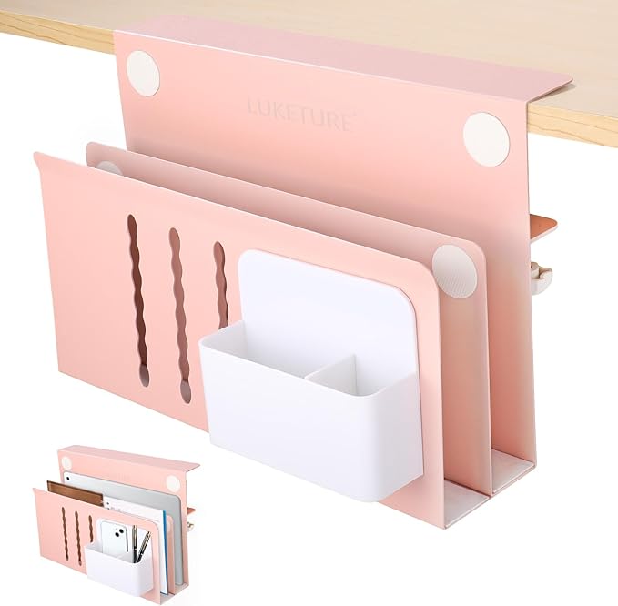 LUKETURE Desk Side Storage, 2 Tier Steel Hanging Organizer, No Drill Side Desk Organizer, Laptop Holder, with Pen Holder, Hanging Table Storage for Office Home, Fits Flat Edge Tables 0.3" to 2.8"
