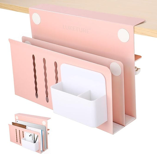 LUKETURE Desk Side Storage, 2 Tier Steel Hanging Organizer, No Drill Side Desk Organizer, Laptop Holder, with Pen Holder, Hanging Table Storage for Office Home, Fits Flat Edge Tables 0.3" to 2.8"