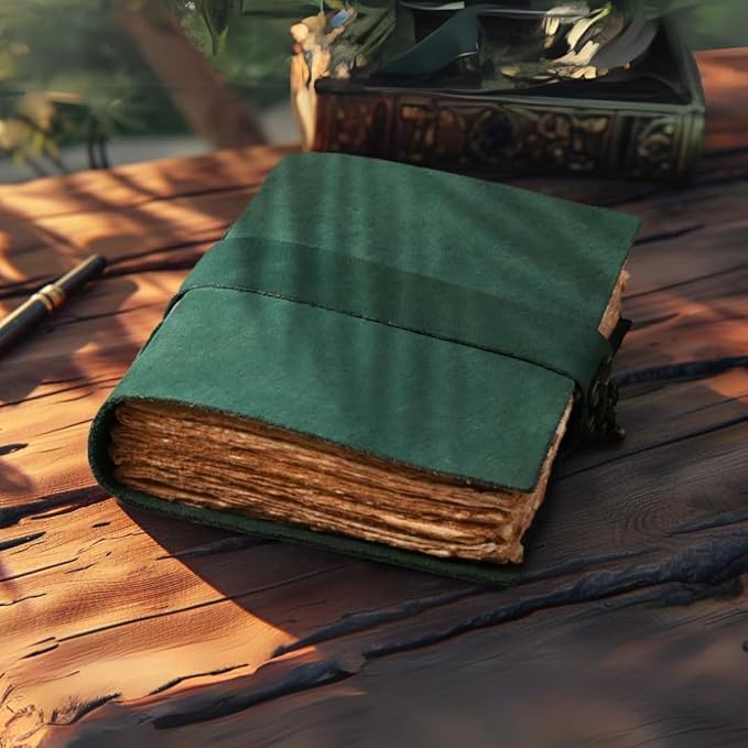 LEATHER VILLAGE Leather Bound Vintage Journal for Women & Men - Book of Shadows - Lock Closure - 200 Pages of Antique Deckle Edges Handmade Paper - Turquoise Color - 10 X 7 inches