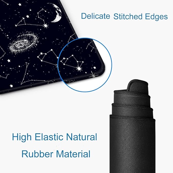 Large Gaming Mouse Pad with Stitched Edges, Black Constellation Desk Mat Extended Keyboard Pad, Non-Slip Rubber Base Desk Pad for Keyboard and Mouse, 31.5X11.8 inch, Sun and Moon