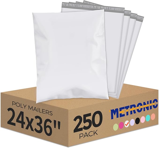 Metronic Poly Mailers 24×36 250 Pcs White, Extra Large Shipping Bags for Clothes,Self Seal Shipping Envelopes for Small Business,Waterproof Mailers Poly Bags for Shipping,Packaging Mailing Bags Bulk
