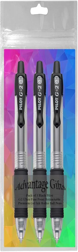 G2 Retractable Premium Gel Ink Roller Ball Pens Ultra Fine Point (.38mm) Black Ink 3 pack; Refillable & Premium Comfort Grip Bundle with Plastic Reusable Pouch