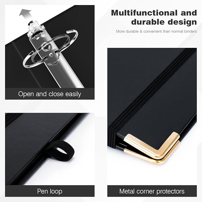 Ospelelf 3 Ring Binder, 2 Inch, Cute Letter Size (11" x 8.5") with 5 Tab Dividers, File Folder Labels and Low Profile Clipboards, Black for School and Office Supplies