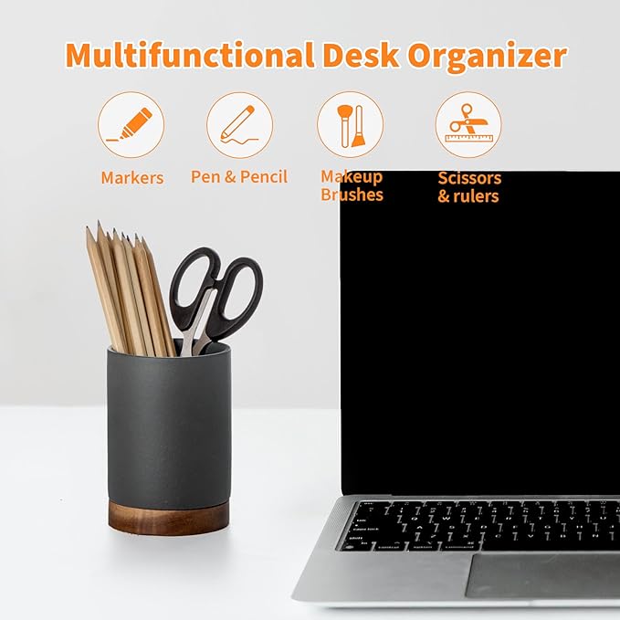 Pen Holder for Desk, Ceramic Pencil Organizer & Makeup Brush Holder, Office Decor and Desk Accessories，Perfect Office Organization,Teacher Supplies (Dark Grey, Set / 1)