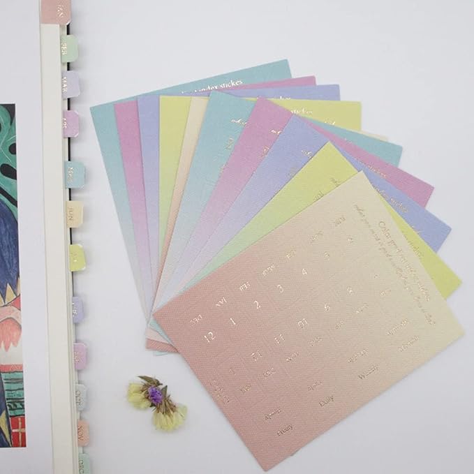 10 Sheets Self Adhesive Tabs Gradient Color Stickers Monthly Calendar Index Tabs for Planners, Journal, Notebook, Agendas and Organizers, Office Supplies (40 Sheets), 88mmx110mm