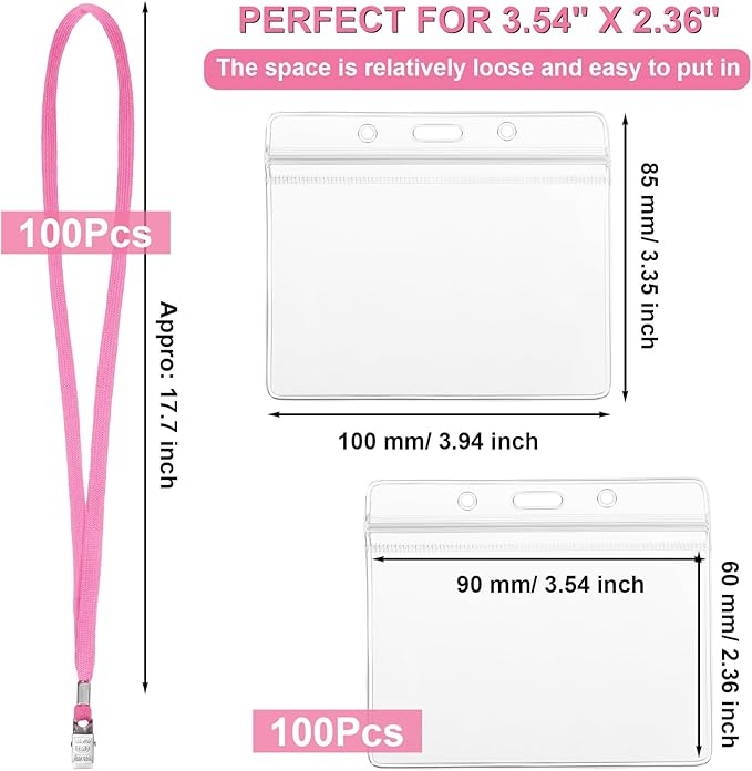 Marspark 100 Sets Clear Name Tags with Lanyard, Lanyards for ID Badges Reusable Strap with ID Holder Plastic Name Badges for Adults Business School Church Conference (Pink)