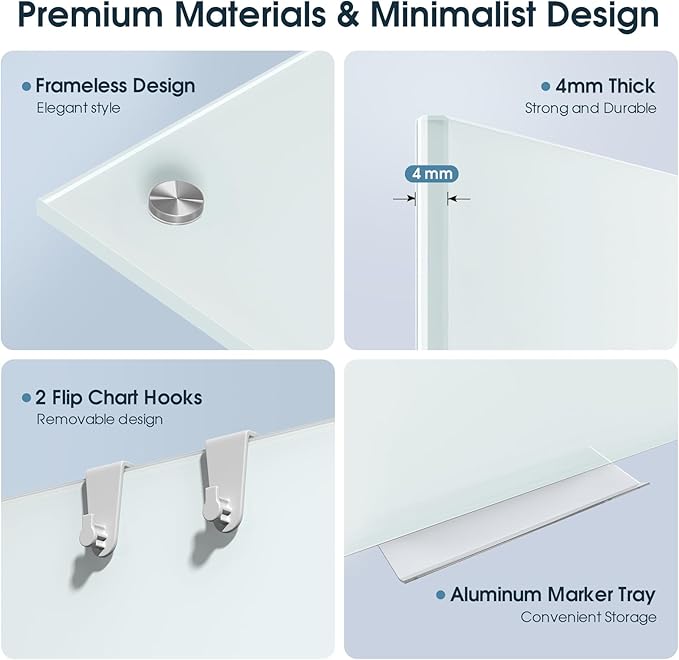 MaxGear Glass White Boards 48x30 Inches, Wall Mounted Magnetic Glass Dry Erase Board, Large Frameless Whiteboard with 1 Eraser,3 Markers and 6 Magnets for Office, School, Home