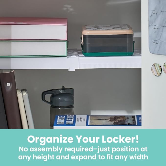 LockerMate Adjust-A-Shelf Locker Shelf, Extends to Fit Your Locker, Easy to Use, Perfect for School, Office, Gym, White