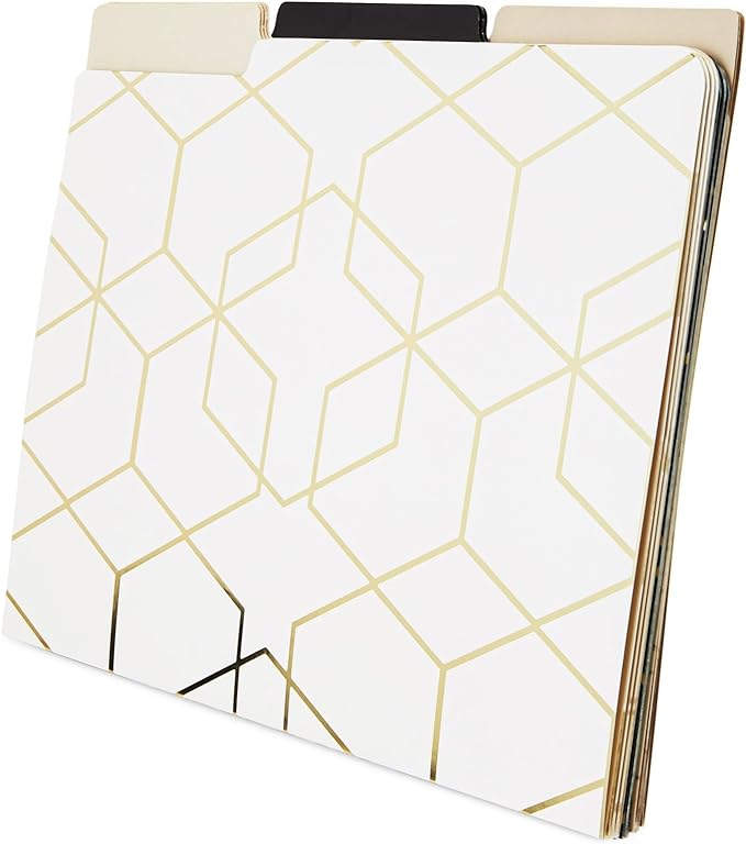 Paper Junkie 12-Pack Cute Geometric Gold Foil Decorative & Colored File Folders, Letter Size (9.5x11.5 in) - 1/3-Cut Tab File Folders for Office Supplies - Aesthetic Office Supplies