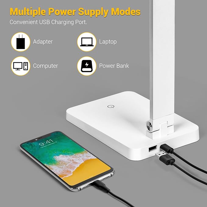 LED Desk Lamp for Home Office, 3 Levels Dimmable Desk Light with USB Charging Port, Small Study Lamp, Reading Light for Table, White, 5000K