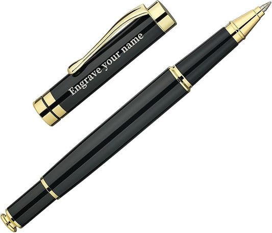 BEILUNER Personalized Ballpoint Pens, Stunning Black Chrome Metal Pen with Golden Trim, Best Ball Pen Gift Set for Men & Women, Executive, Office, Nice Pens-Gift Box with 0.5mm Black Extra Refill