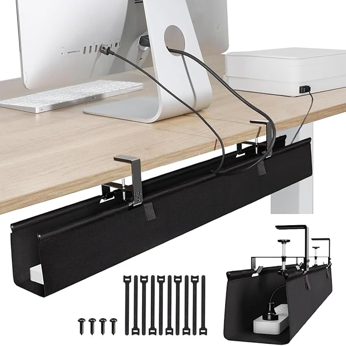 No Drill Under Desk Cable Management Tray, 36" Cord Organizer for Table, Clamp/Screw Mount Desk Cable Management, Premium Fabric Cable Management Tray for Office, Home（Black/2set）