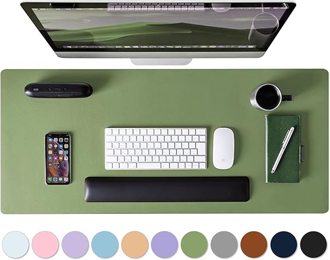Mouse Pad Desk Protector Mat, Large PU Leather Office Desk Mat, Non-Slip Desk Pad for Keyboard and Mouse, Waterproof Desk Blotter Pad for Writing, Smooth Laptop Desk Pads, Olive Green(17’’X36’’)