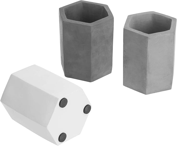 MyGift Set of 3 Cement Decorative Hexagon Multi-Colored Desktop Pen Holder and Pencil Office Supply Stationary Storage Cups (White, Gray, Black)