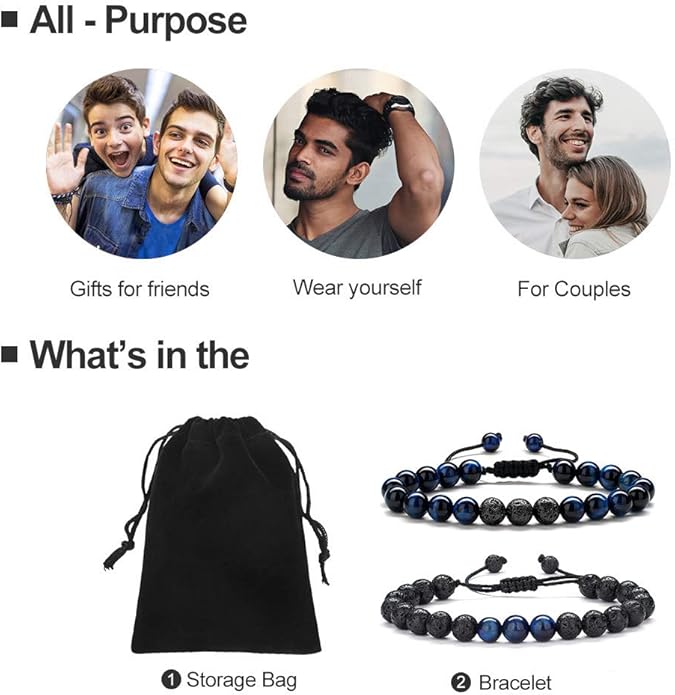 M MOOHAM Natural Stone Bracelets for Men - 8mm Tiger Eye | Matte Agate | Lava Rock Bracelets for Men Teen Boys Gifts Birthday Anniversary Christmas Gifts for Men Teens