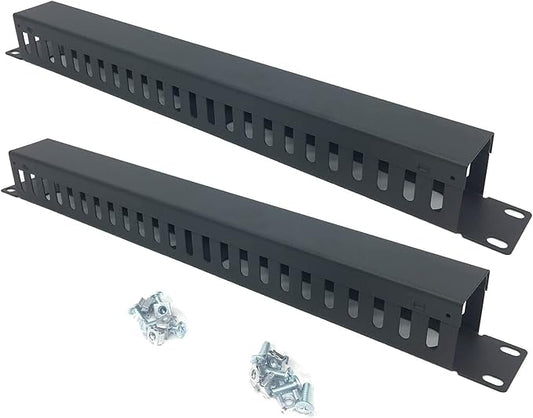 2 Pack 1U 19 Inch Cable Manager Horizontal Rack Mount 24 Slot Metal Finger Duct Wire Organizer with Cover and Mounting Screws for Server Rack, Black(24S2P)