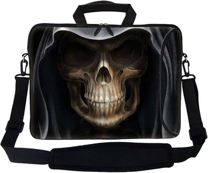 Meffort Inc 17 Inch Neoprene Laptop Bag with Extra Side Pocket, Soft Carrying Handle & Removable Shoulder Strap Fit 16" to 17.3" Size - Skull Face