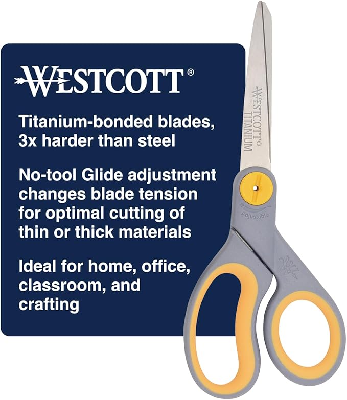 Westcott 8-Inch Titanium-Bonded Scissors with Adjustable Glide Feature for Office and Home - Gray/Yellow