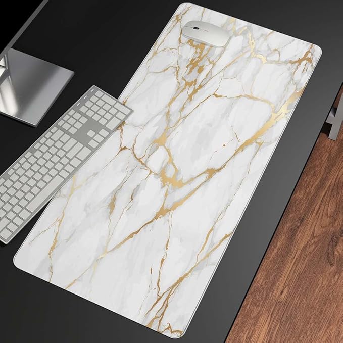 Mrcrypos Large Mouse Pad White Gold Marble Desk Mat for Desktop,Waterproof Desk Pad with Stitched Edges,Computer Keyboard Gaming Mouse Pads for Women Office Home 31.5" x 11.8"