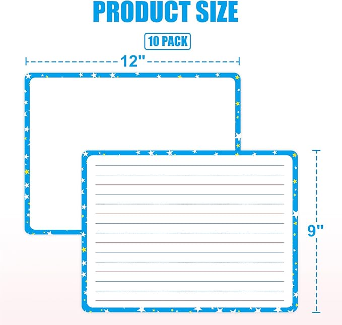 Lined Dry Erase Whiteboard Sheets for Students - Reusable Writing Practice Boards, Classroom & Homeschool Supplies, Teacher Pack of 10, 9”x12”