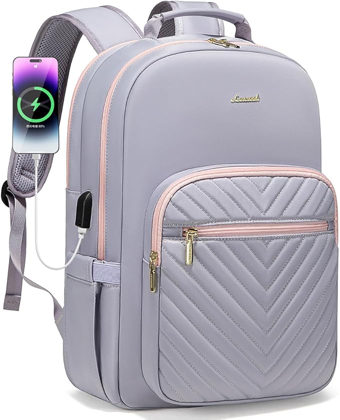 LOVEVOOK Laptop Backpack for Women 15.6 inch,Cute Travel Carry on Backpack Purse,Professional Computer Bag,Waterproof Work Business College Teacher Bag with USB Port,Grey Pink