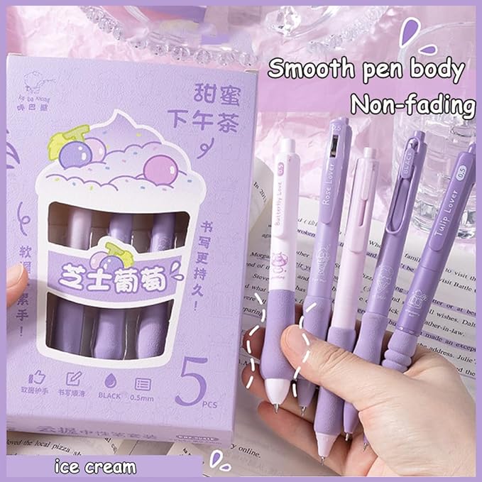 Cute Gel Pens 5Pcs Retractable Quick Dry Ink Pens 0.5mm Fine Point Black Ink Kawaii Smooth Writing Pens for School Office Supplies Aesthetic pretty pens (Purple ice cream)