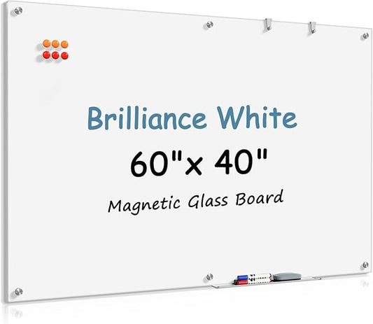 MaxGear Glass White Board 60x40 Inches Brilliance White Magnetic Dry Erase Board Wall Mounted Whiteboard, Large Frameless Whiteboard with 1 Eraser,3 Markers and 6 Magnets for Office, School, Home