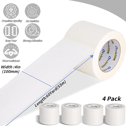 4 Rolls White Painters Tape Bulk 4 inch x 60 Yards, Total 240 Yd, Painters Masking Tape No Residue Wall Painting Tape Artist Tape Trim Edge Finishing Tape for Wall Painting Decoration DIY Supplies