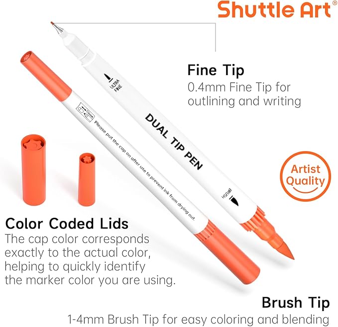 Shuttle Art Dual Brush Marker Pens, 56 Colors Water-based Ink, Dual Tip Calligraphy Pens Fineliner and Brush Tip perfect for Kids Adult Artist, Hand Lettering, Journal, Doodling, Writing