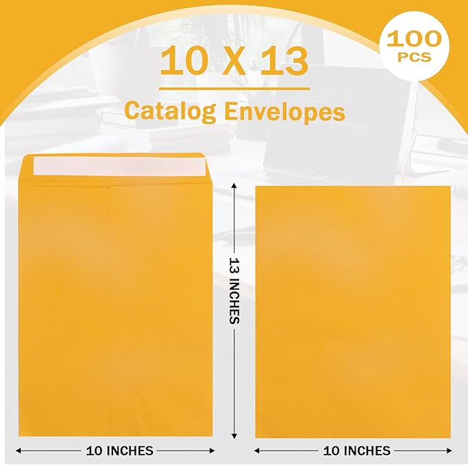 10x13 Catalog Envelopes Self Seal 100 Pack, Goefun 100GSM Paper Yellow Brown Manilla Envelopes with Peel and Seal Flap for Mailing, Organizing and Storage