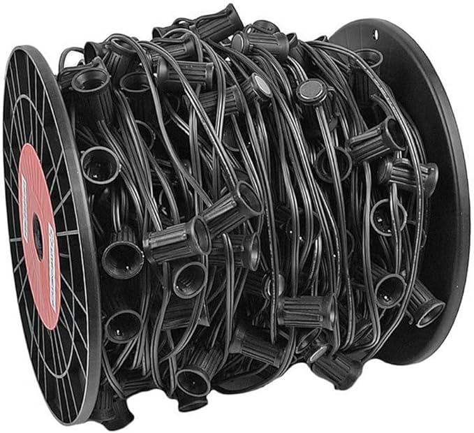 Novelty Lights C9 Light Spool, 500 Feet Magnetic Socketed Holiday Light String, Black Wire with 15 inch Spacing, E17 Sockets, for Indoor or Outdoor Steel Surfaces