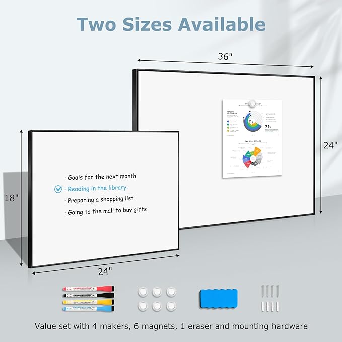 Magnetic Whiteboard, 24'' x 18'' White Board Dry Erase Board for Wall, Hanging Black Aluminum Frame Wipe Board for Home, Office, School
