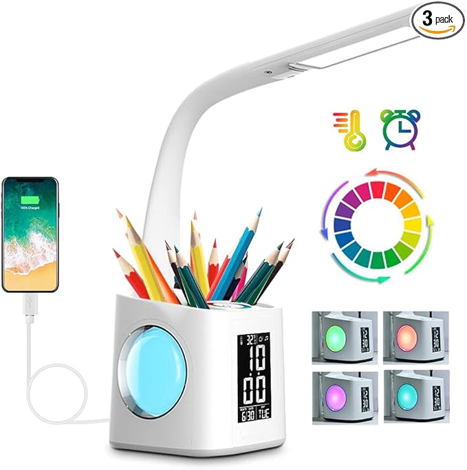 LED Desk Lamp with Clock,Color Changing Nightlight,Study Lamp with Pen Holder,Desk Light with USB Charger,Table Light for Home,Office,Bedroom,Gift for Kids,Students,Women,White